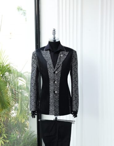 Buy Grey Floral Suit Jacket with Pleated Panels