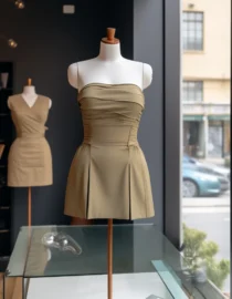 Beige Mini Tube Dress With Snatched Waist and Double Slits