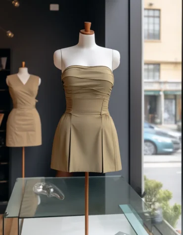 Beige Mini Tube Dress With Snatched Waist and Double Slits