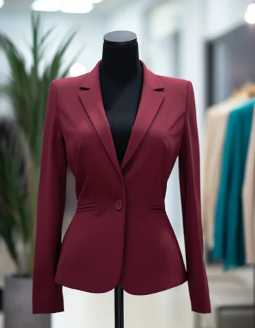 Burgundy Blazer Jacket With Single Button For Women