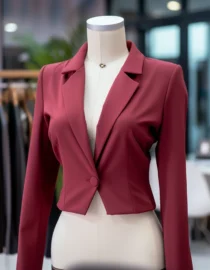 Burgundy Cropped Blazer Jacket With Single Button For Women