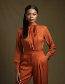 Burnt Orange Long Sleeve Blouse with Multiple Pleats and Pants