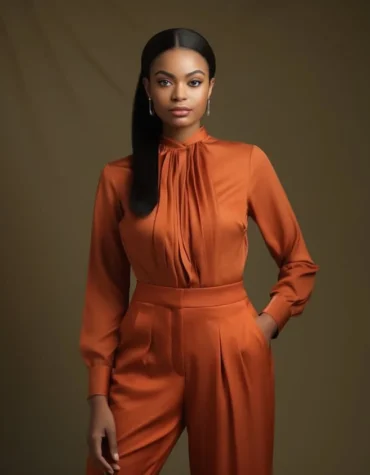 Burnt Orange Long Sleeve Blouse with Multiple Pleats and Pants