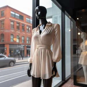 Cream Chiffon Long Sleeves Mini Flare Dress with Snatched Waist