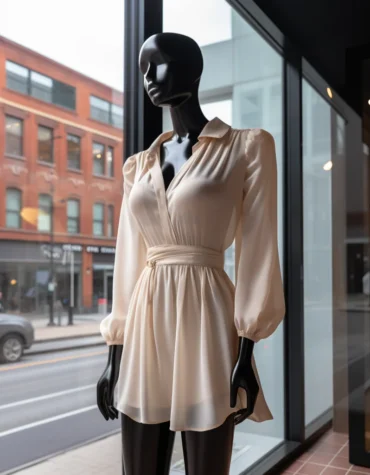 Cream Chiffon Long Sleeves Mini Flare Dress with Snatched Waist