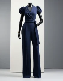 Navy Blue Corporate Wrap Jumpsuit With Short Puffy Sleeves.