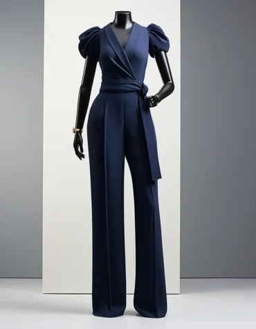 Navy Blue Corporate Wrap Jumpsuit With Short Puffy Sleeves.
