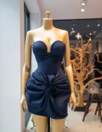 Navy Blue Deep Cut Mini Tube Corset Dress With Ruffled Knot