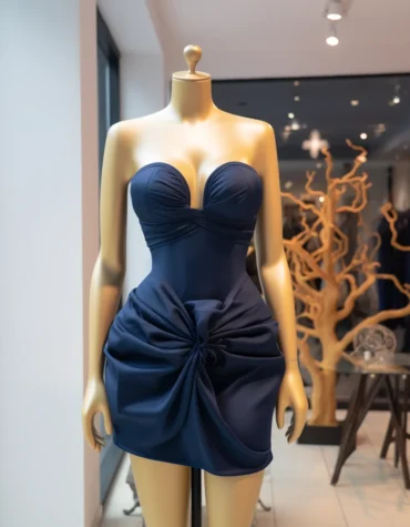 Navy Blue Deep Cut Mini Tube Corset Dress With Ruffled Knot