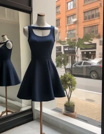 Navy Blue Sleeveless Cut-Out Chest Mini Dress With Flair