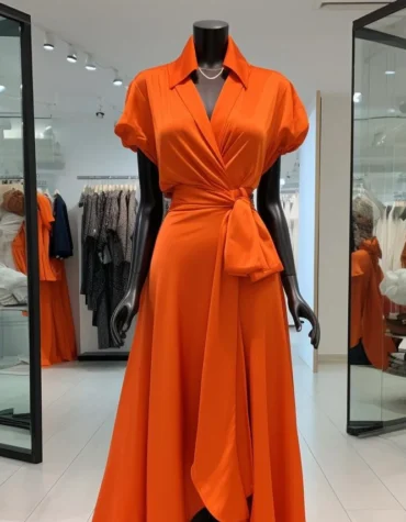 Orange Maxi Wrap Dress With Collar and Short Puffy Sleeves