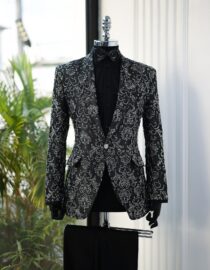 Shop JTD 2 vs 1 Suit Grey & Silver Jacquard Tuxedo by Deji&Kola