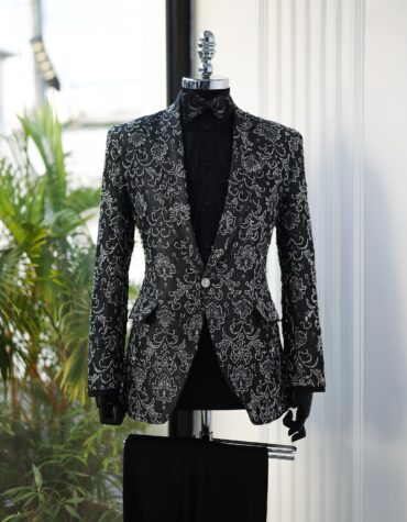 Shop JTD 2 vs 1 Suit Grey & Silver Jacquard Tuxedo by Deji&Kola