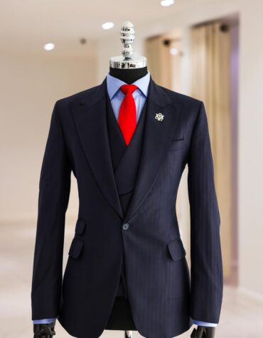 Shop Navy Blue, Knitted, Peak Lapel Invisible Stripe Suit