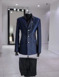 Shop Navy blue jacquard Suit Jacket with Chain Detail