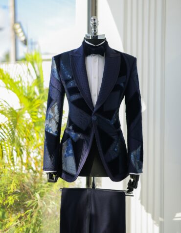 Shop Patch & Zig Suit 1 vs 2 Navy Jacquard Tuxedo by Deji&Kola