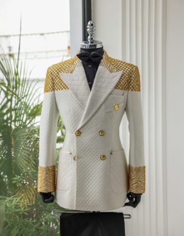 Shop Ivory Jacquard Double-Breasted Suit - HEA 4 vs 7