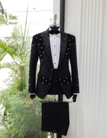 Shop Black Jacquard Suit with Velvet Details