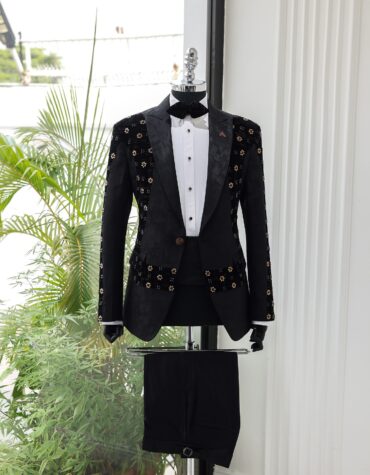 Shop Black Jacquard Suit with Velvet Details