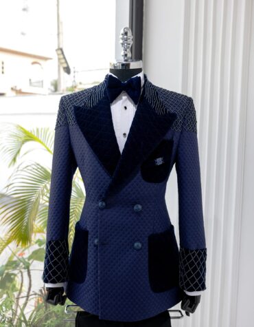 Shop Blue Jacquard Double-Breasted Suit -HEA 4 vs 8 |Deji & Kola