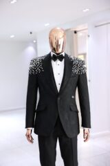Shop Black Jacquard Tuxedo with Pearl Detailing
