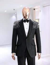 Shop Black Jacquard Tuxedo with Pearl Detailing