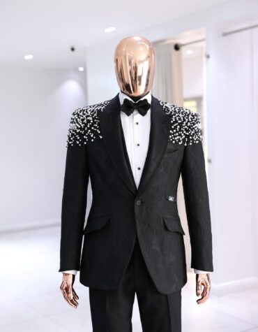 Shop Black Jacquard Tuxedo with Pearl Detailing